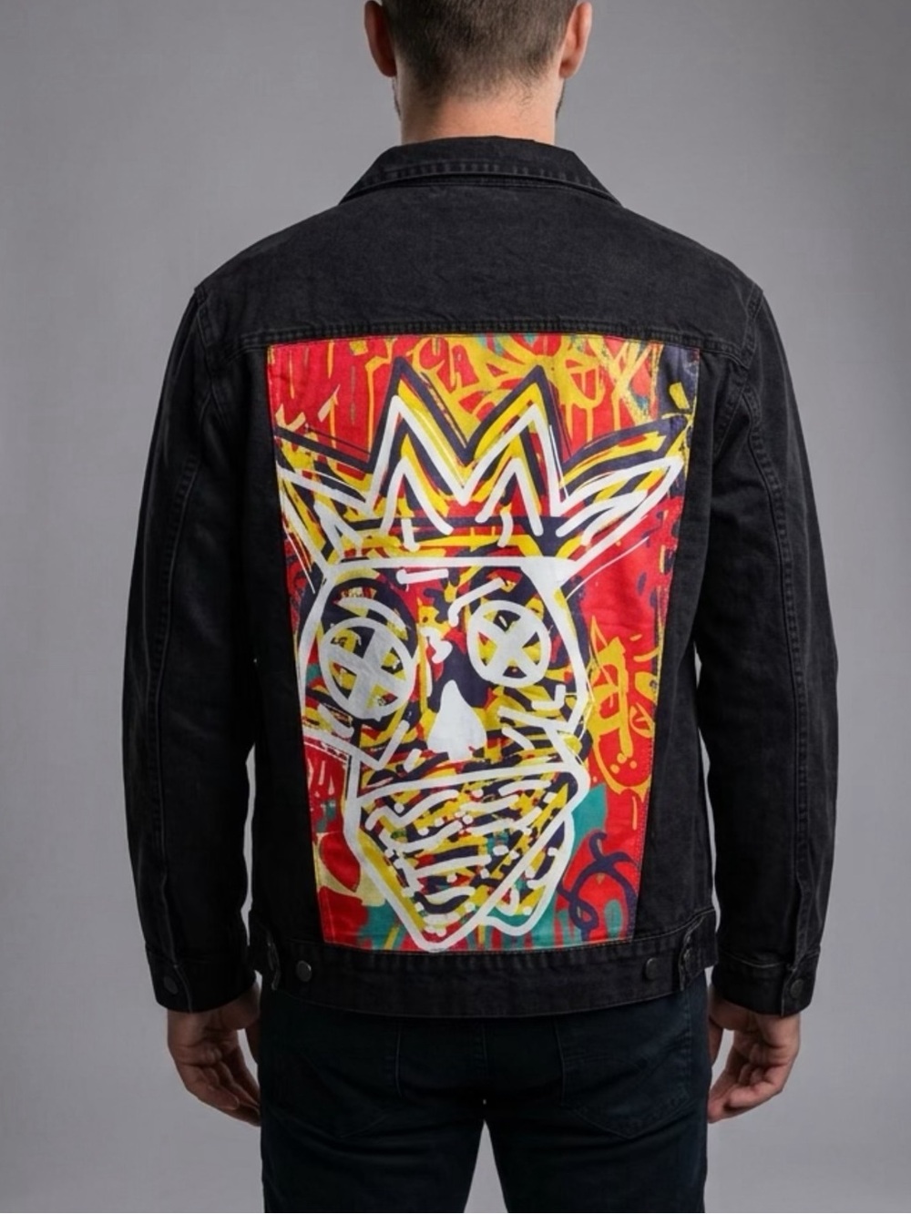 Chemistry Black Denim Trucker Jacket Vibrant Art To Wear Graffiti Back Panel
